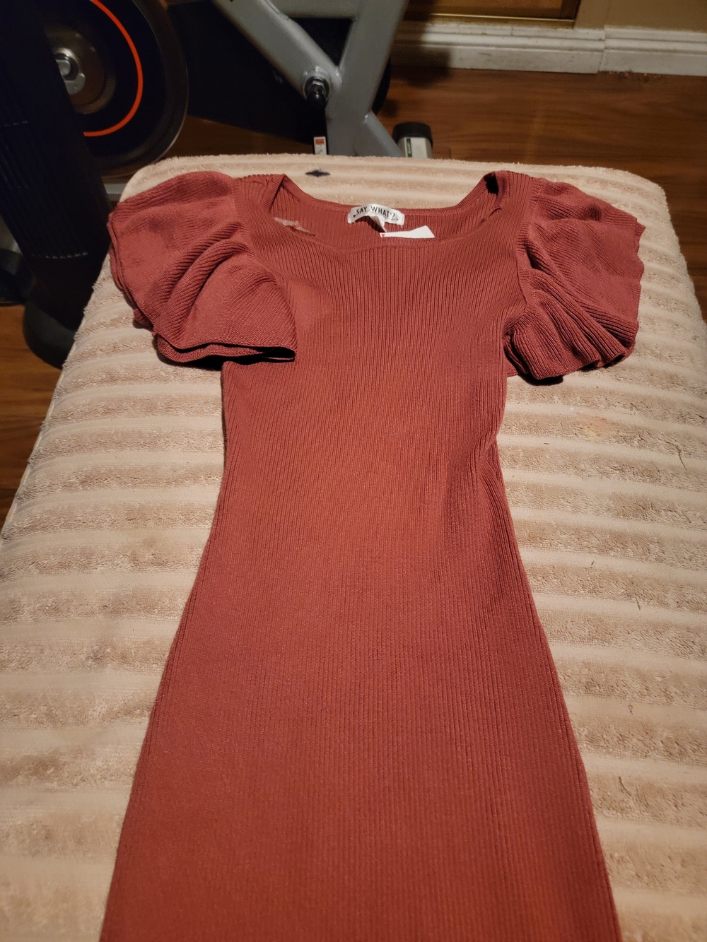 Say What? Ribbed Puff-Sleeve Dress in Rust